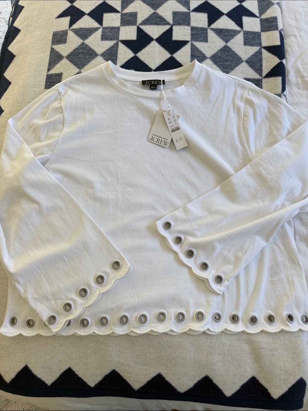 J.Crew White Long Sleeve Eyelet-Hem Tee